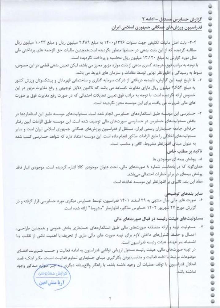 گزارش حسابرس مستقل فدراسیون ورزش‌های همگانی جمهوری اسلامی ایران